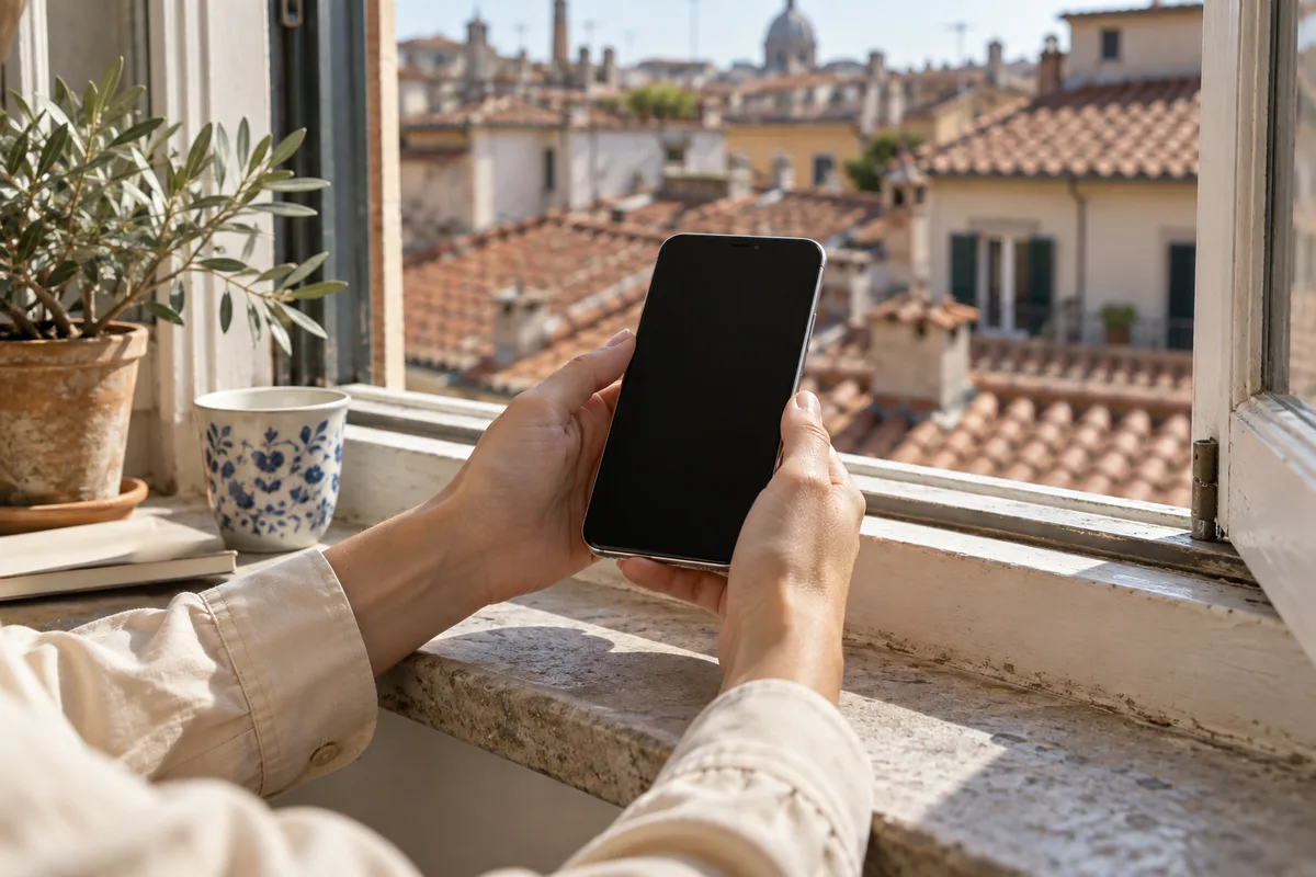 Mains tenant un téléphone devant une fenêtre ouverte sur des toits de tuiles