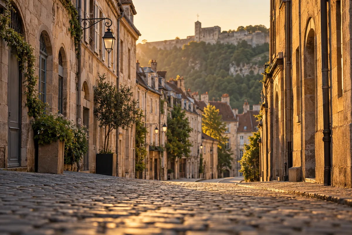 Rue pavée de la vieille ville de Besançon avec la citadelle en arrière-plan