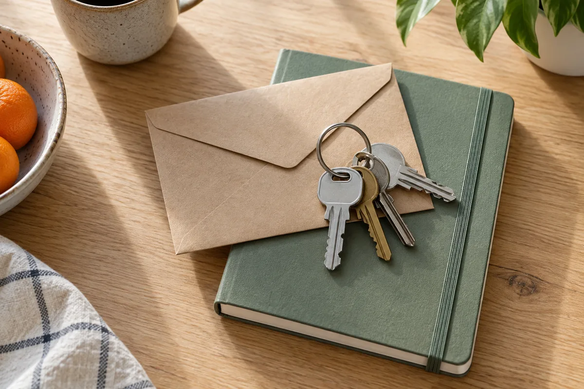 Trousseau de clés posé sur une enveloppe kraft et un cahier fermé