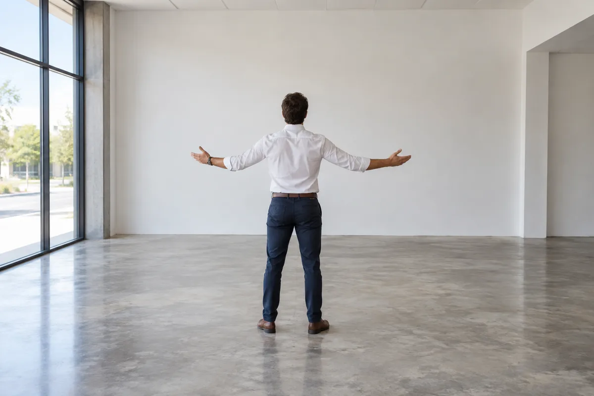 Une personne de dos, bras écartés, face au mur nu d’un local commercial vide