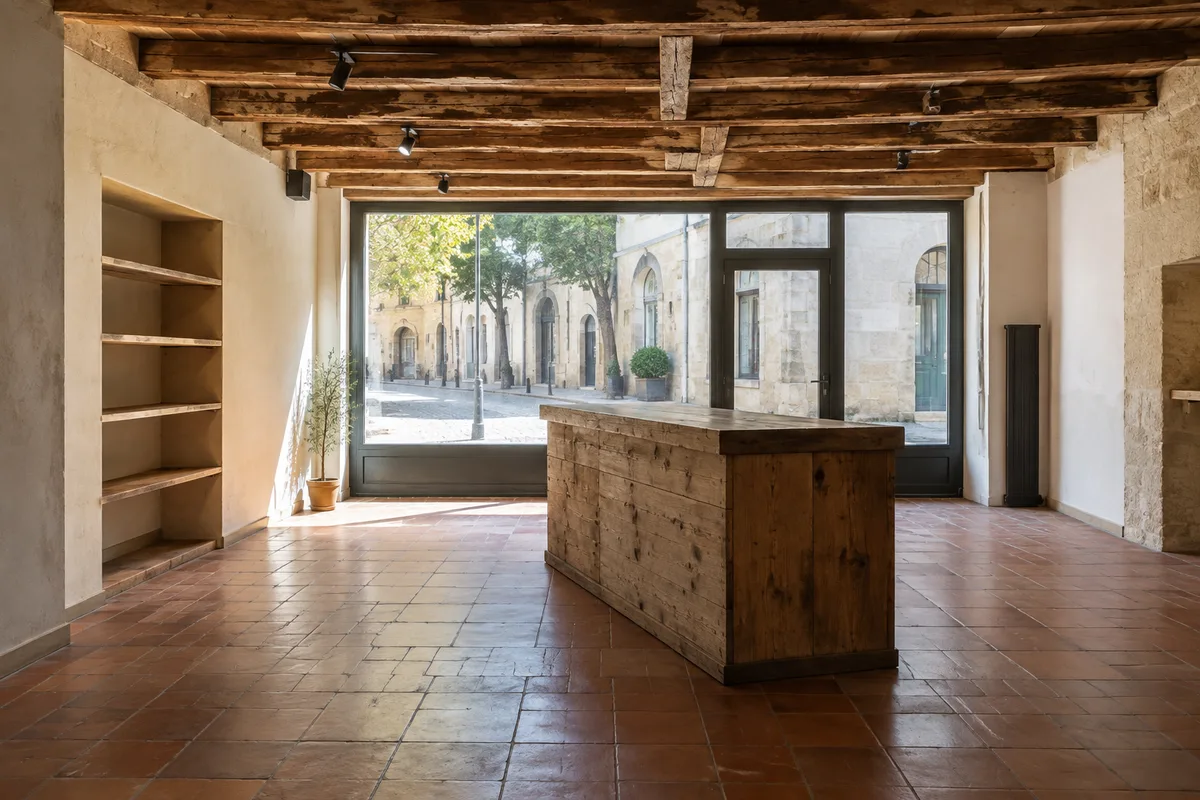 Intérieur d’un local commercial vide avec poutres apparentes et grande vitrine sur la rue