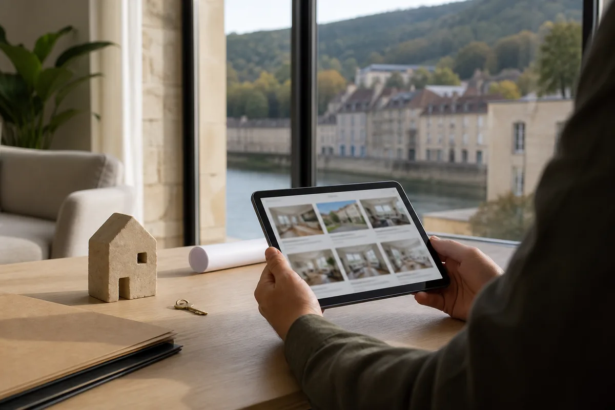 Une personne consulte des annonces immobilières sur une tablette dans un salon lumineux