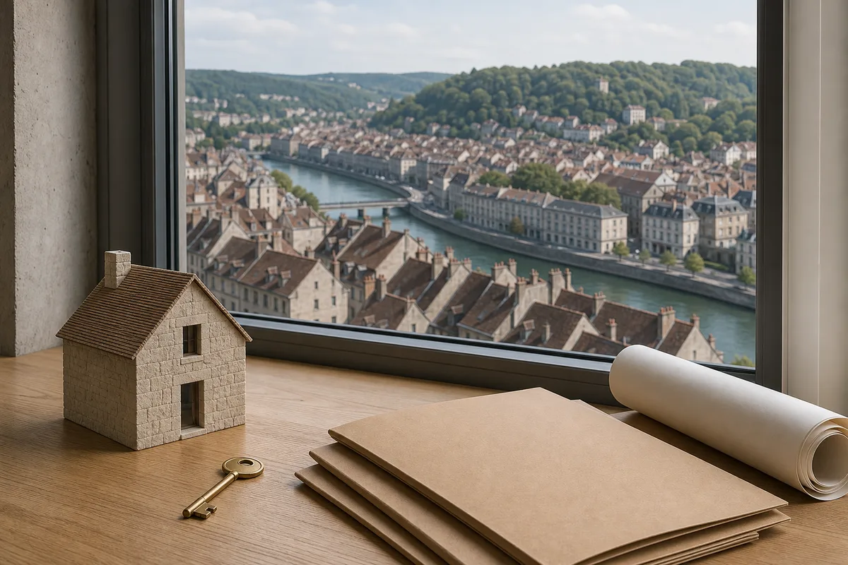 Vue d&rsquo;ensemble de toits d&rsquo;une ville ancienne bordée par une rivière