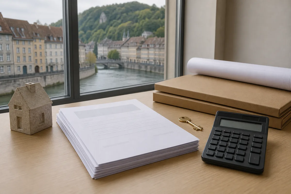 Un contrat de bail commercial et une calculatrice posés sur un bureau