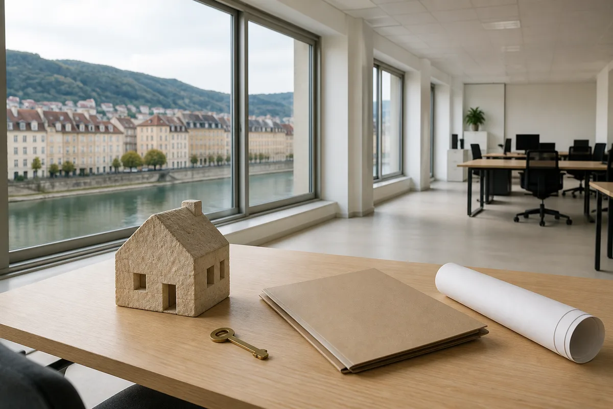 Un plateau de bureaux vide avec de larges fenêtres et un sol clair