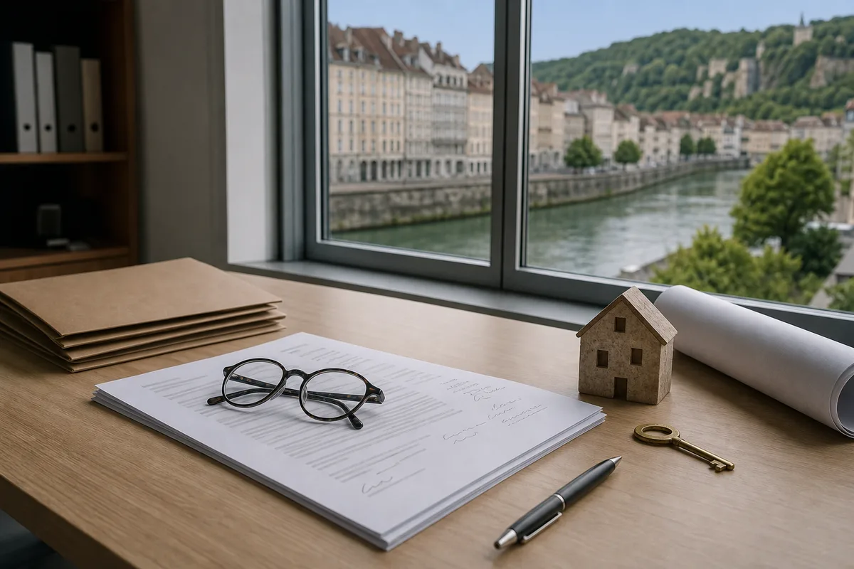 Un contrat de mandat annoté posé à côté de lunettes et d&rsquo;un stylo