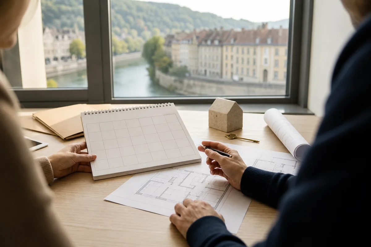 Deux personnes examinent un calendrier et un plan de logement posés sur une table en bois