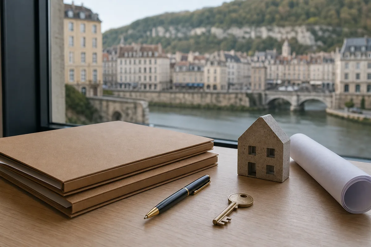 Documents notariés, stylo et clés posés sur un bureau clair