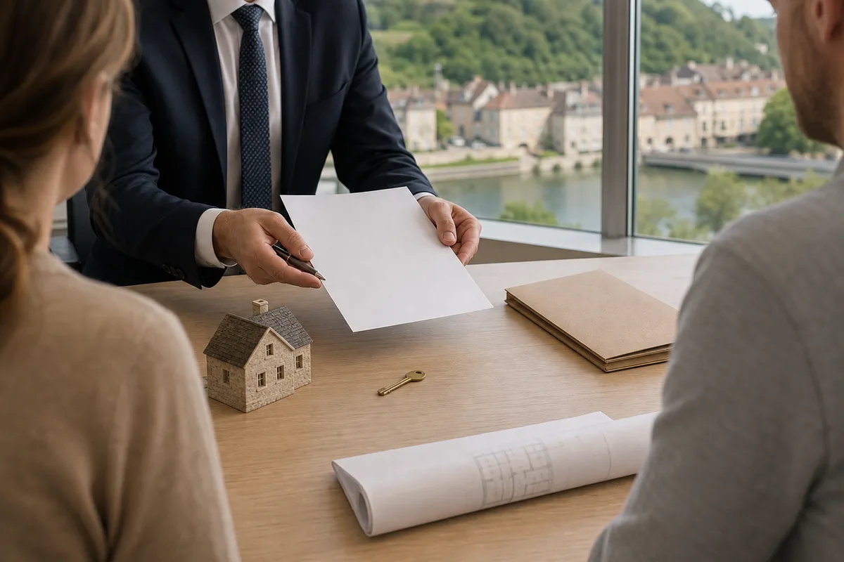 Un notaire présente un document à un couple assis face à lui dans un bureau clair